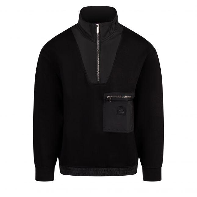 Mens Black Mixed Media Half Zip Sweat