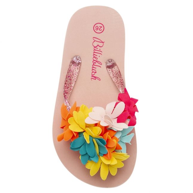 Girls Washed Pink Glitter Floral Flip Flops (8-4.5)