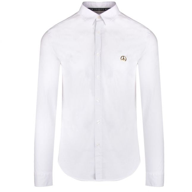 Mens Optical White Peace Badge Slim Fit L/s Shirt