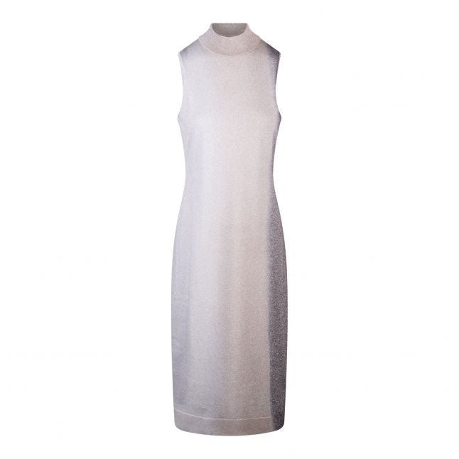 Womens Silver Lurex High Neck Knit Midi Dress