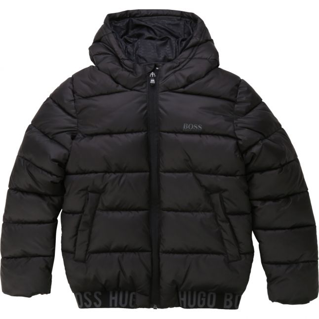 Boys Black Branded Hooded Padded Coat