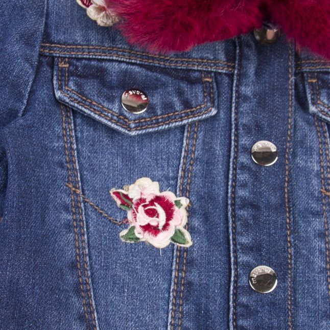 Girls Dark Blue Faux Fur Collar Denim Jacket