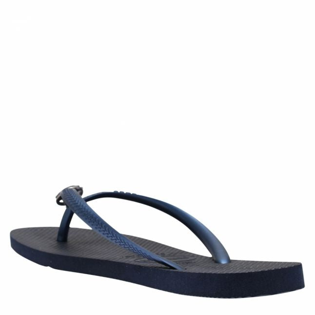 Womens Navy Blue Slim Crystal Poem Flip Flops