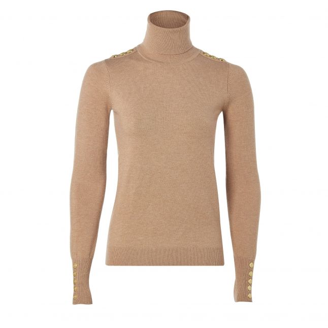 Womens	Dark Camel Buttoned Knit Roll Neck