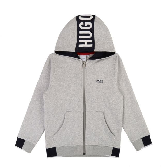 Boys Light Grey Marl Branded Tape Hooded Zip Sweat Top