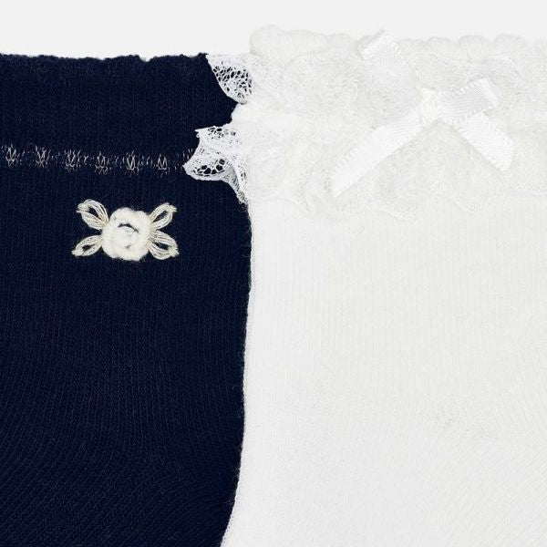 Girls Navy/White Frill & Flower 2 Pack Socks