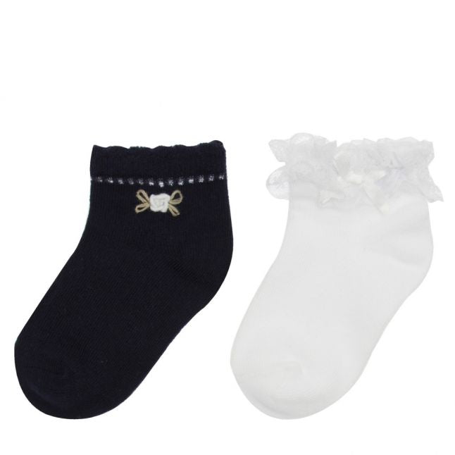 Infant Navy/White Frill & Flowers 2 Pack Socks