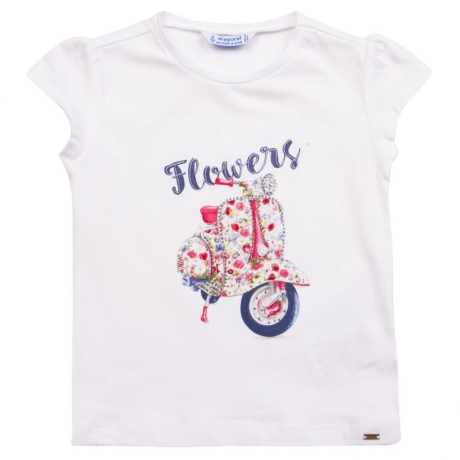 Girls White Flowers & Scooter S/s T Shirt