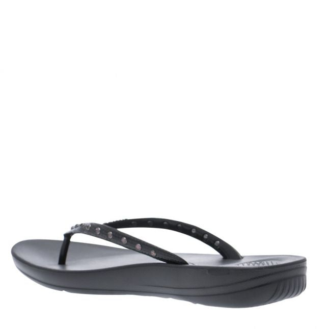 Womens Black Iqushion Crystal Flip Flops