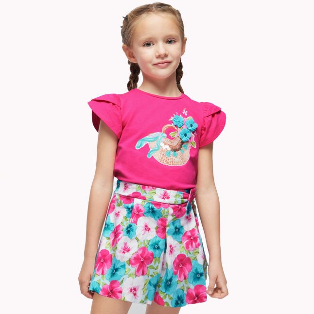 Girls Fuchsia Satin Floral Skort