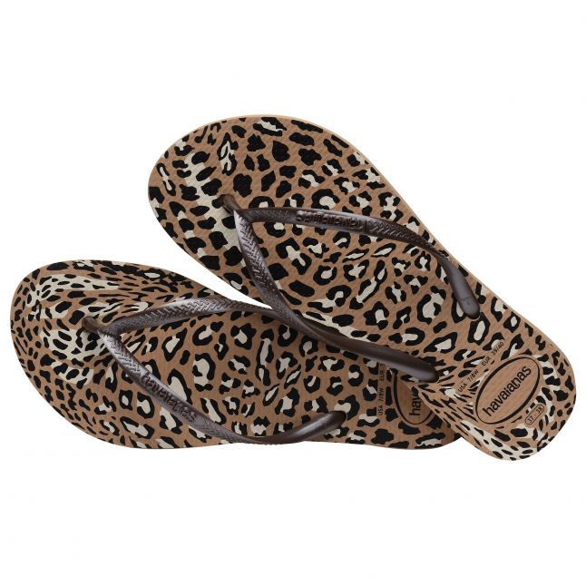 Womens Rose Gold/Café Slim Animals Flip Flops