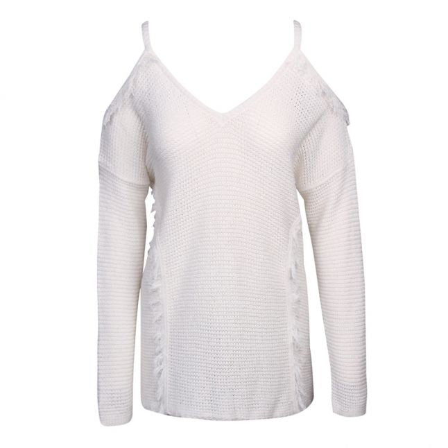 Womens Off White Off Shoulder Knitted Top