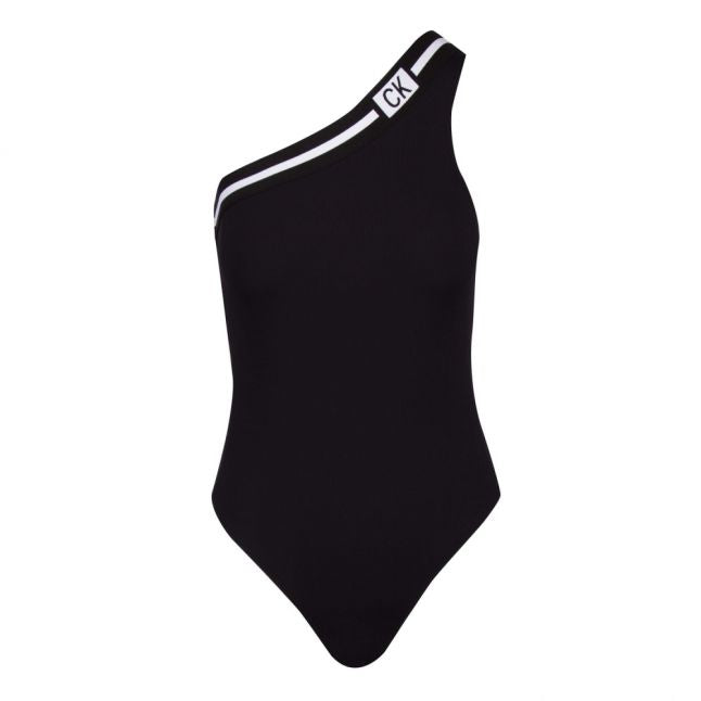 Womens Black One Shoulder Ribbed Swimsuit