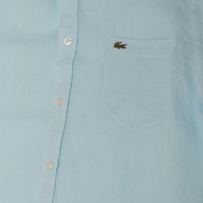 Mens Turquoise Linen Regular Fit S/s Shirt