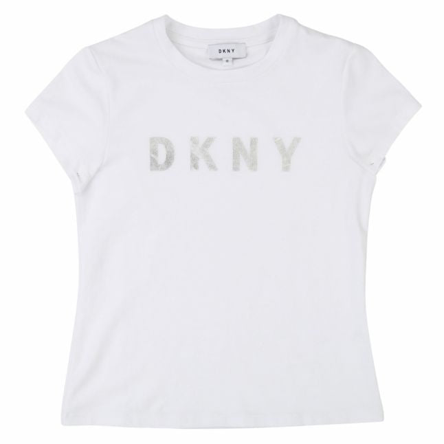 Girls White Shiny Branded Logo S/s T Shirt