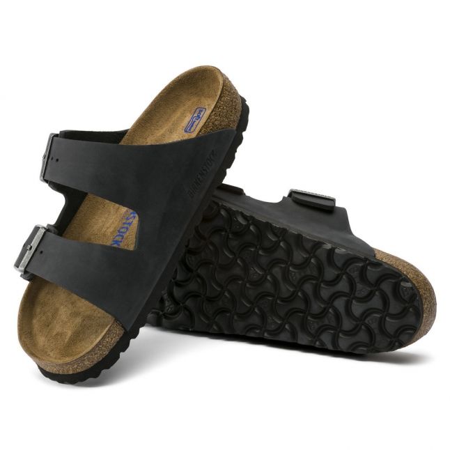 Womens Black Oiled Leather Arizona Slide Sandals