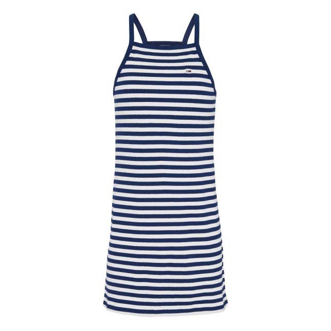 Womens Blue/White Summer Racer Neck Dress