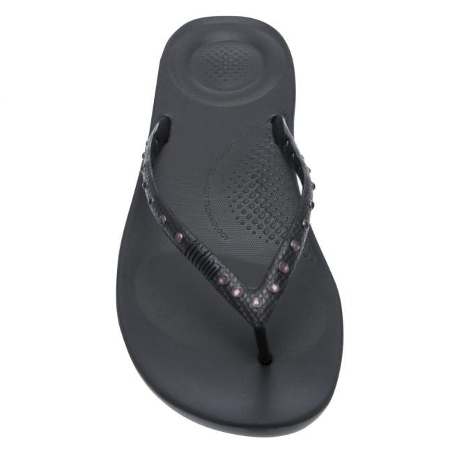 Womens Black Iqushion Crystal Flip Flops