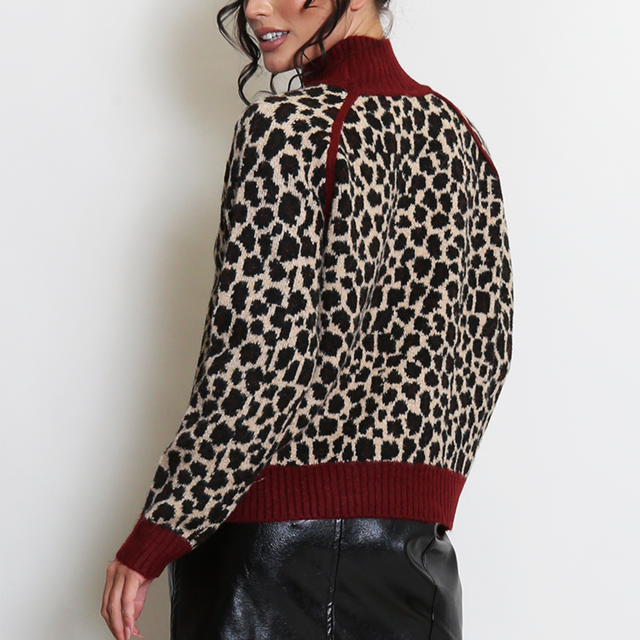 Womens Burgundy High Neck Leopard Print Jumper