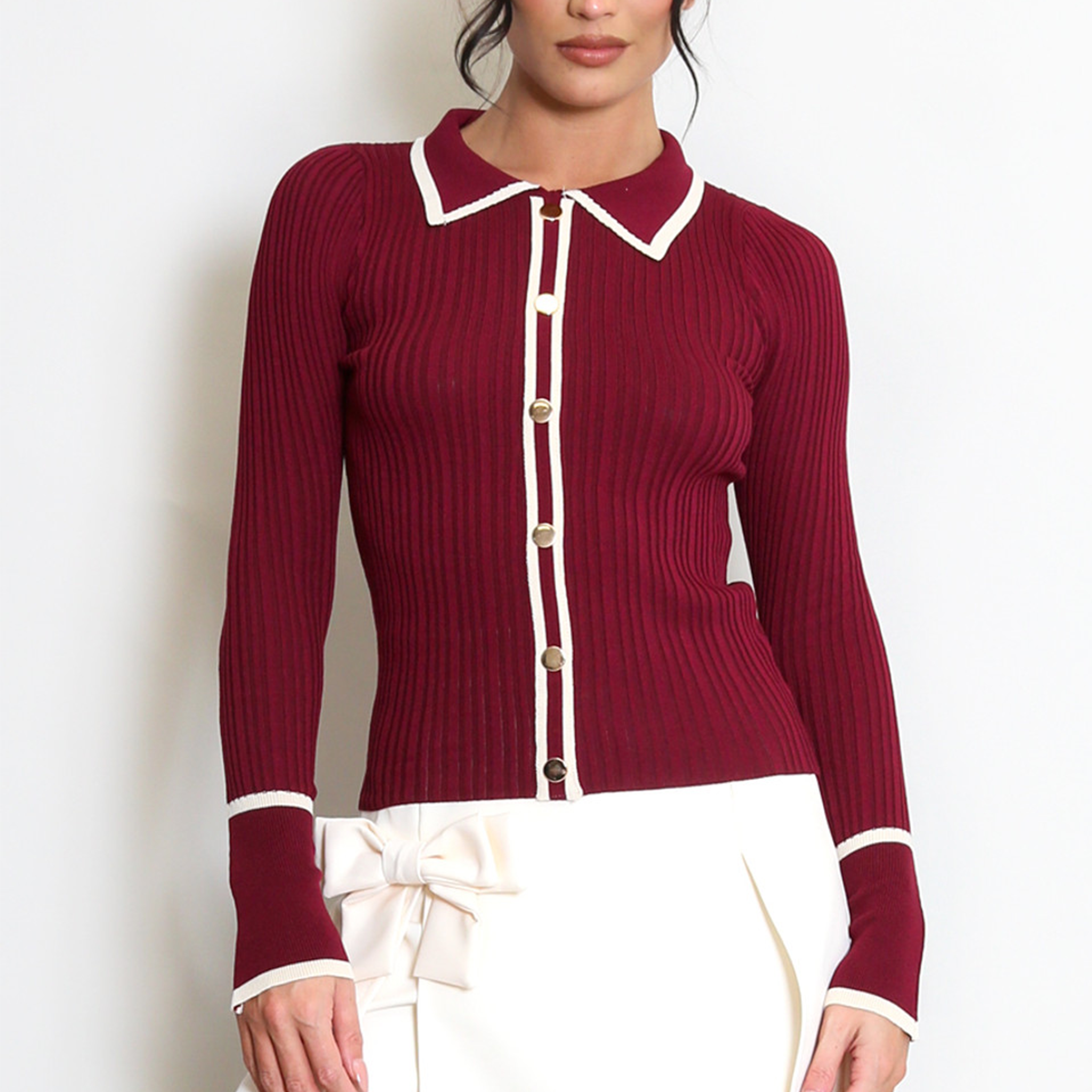 Womens Burgundy Button Front Jumper With Collar