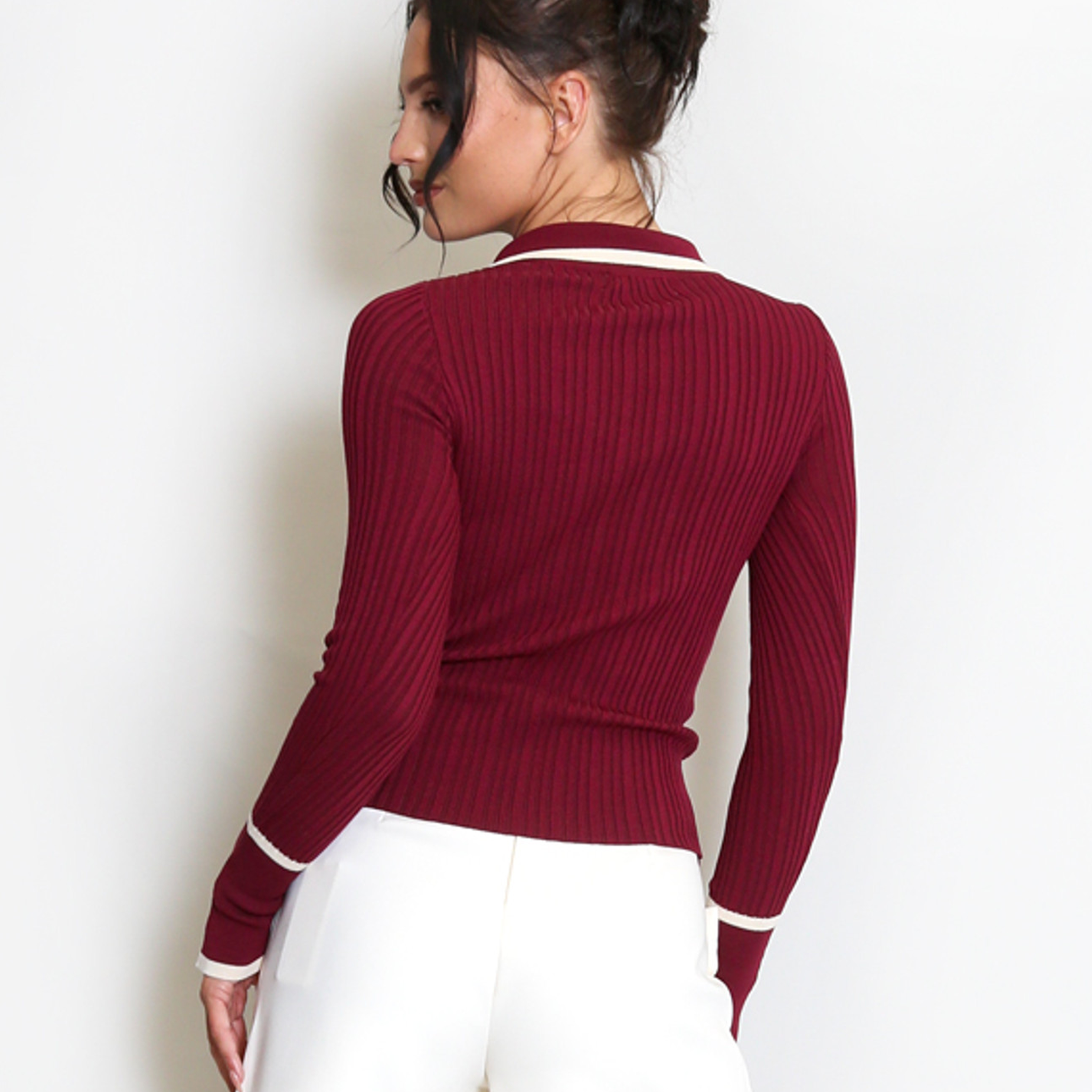 Womens Burgundy Button Front Jumper With Collar