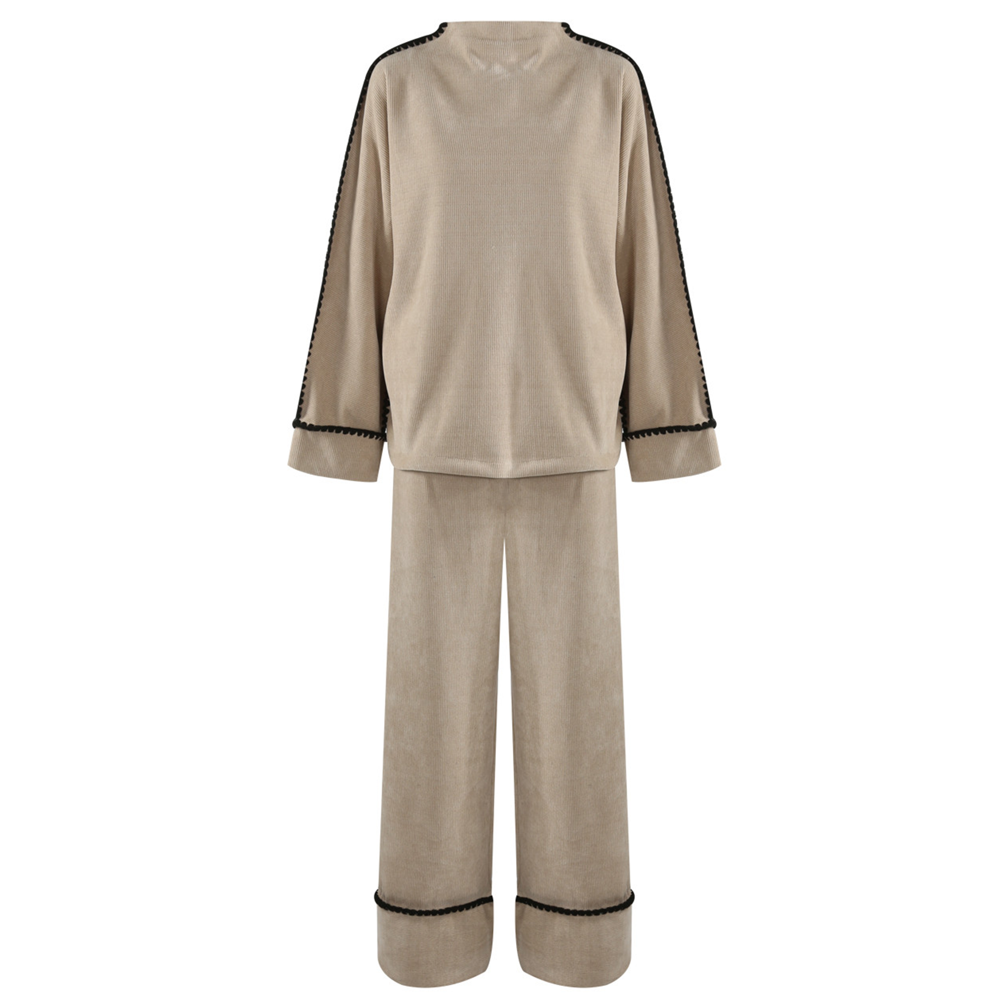 Womens Beige Contrast Seam Knitted Loungewear Set