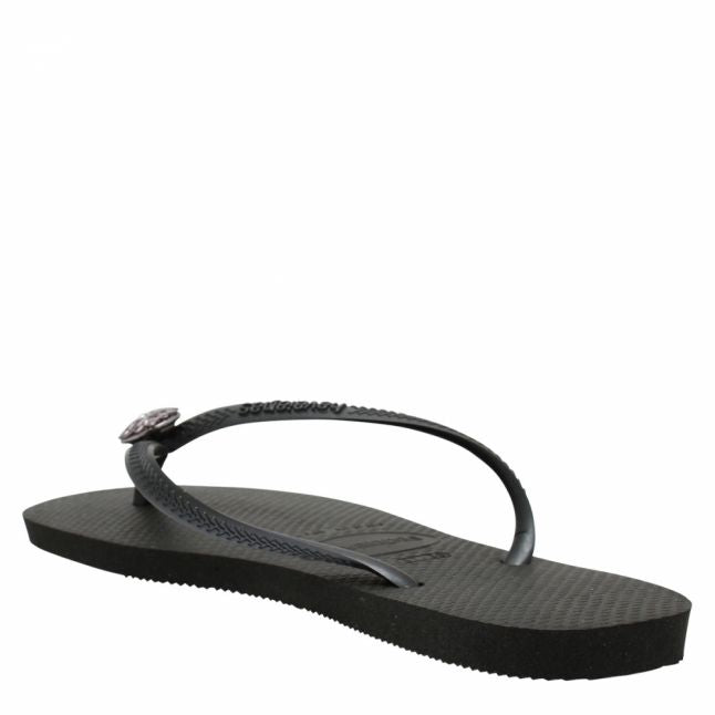 Womens Black Slim Crystal Poem Flip Flops