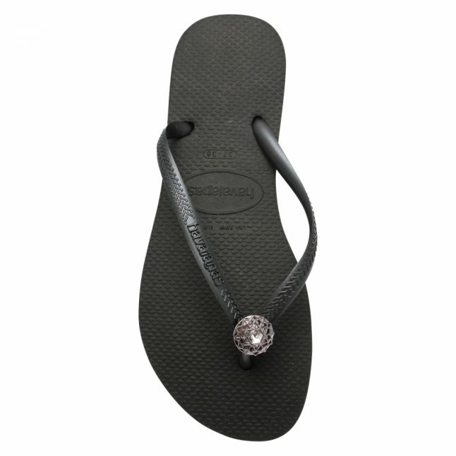 Womens Black Slim Crystal Poem Flip Flops