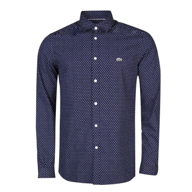 Mens Navy & White Micro Print Slim Fit L/s Shirt