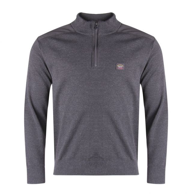 Mens Charcoal Branded Half Zip Knitted Jumper