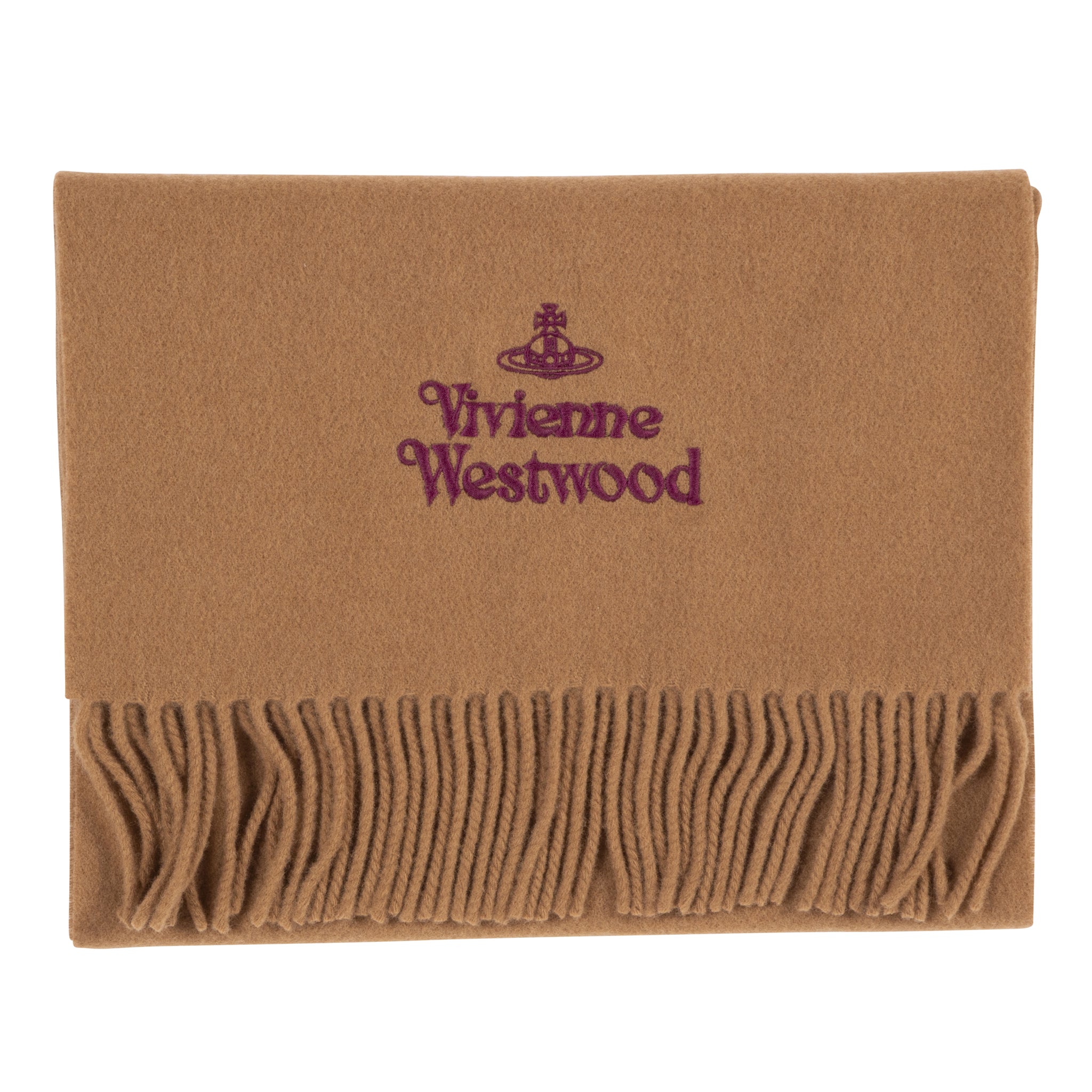 Womens Vivienne Westwood Camel Embroidered Logo Wool Scarf