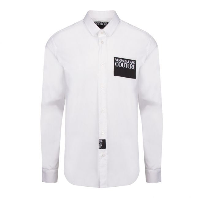 Mens White Branded Label Slim Fit L/s Shirt