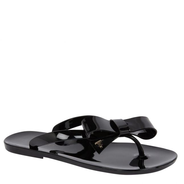 Womens Black Bejouw Bow Jelly Flip Flops