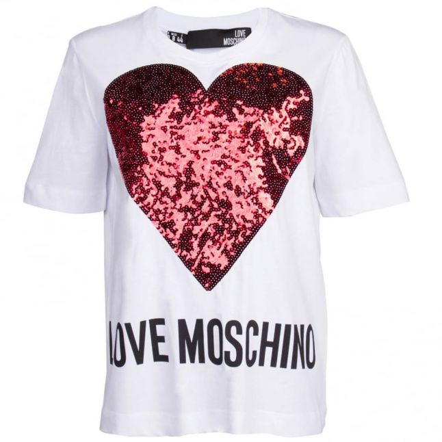 Womens Optical White Sequin Heart S/s T Shirt