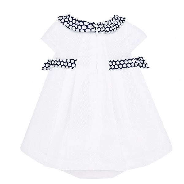 Baby Nautical White Spot Trim Dress & Hat Set