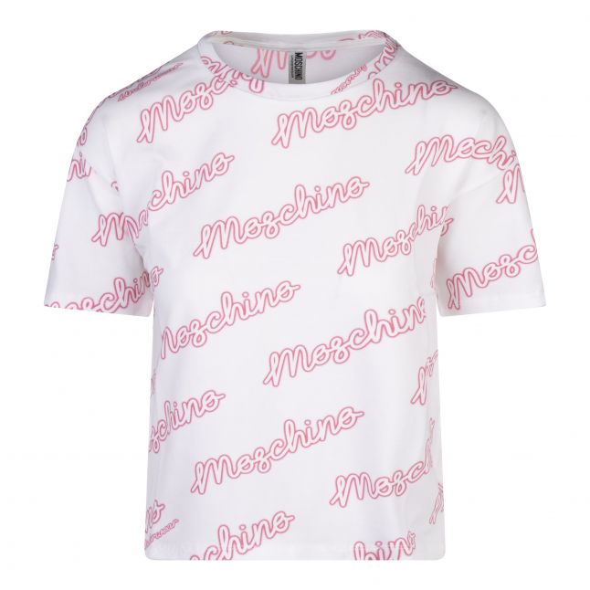 Womens White/Pink Neon Logo Crop S/s T