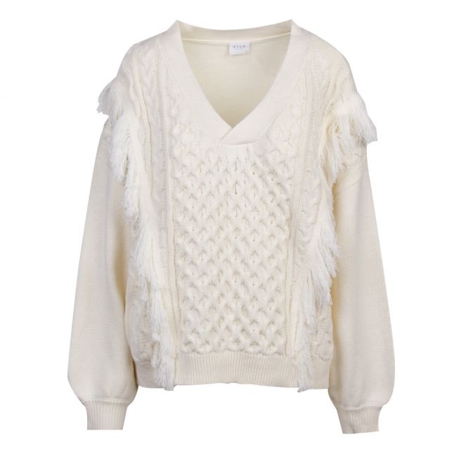 Womens Whisper White Vikajun Fringe V-Neck Knitted Top