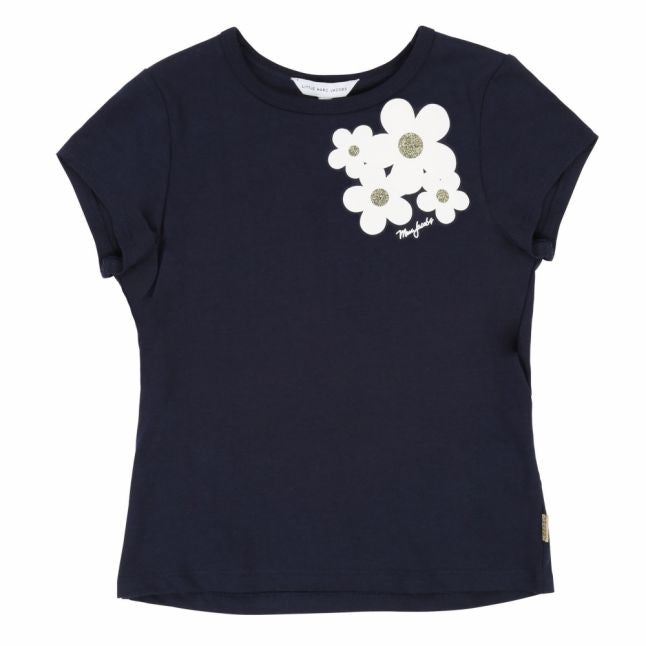 Girls Navy Daisy Detail S/s T Shirt