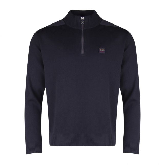 Mens Navy Branded Half Zip Knitted Jumper