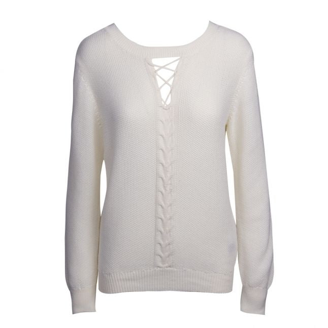 Womens White Vikira Lace Up Knitted Top