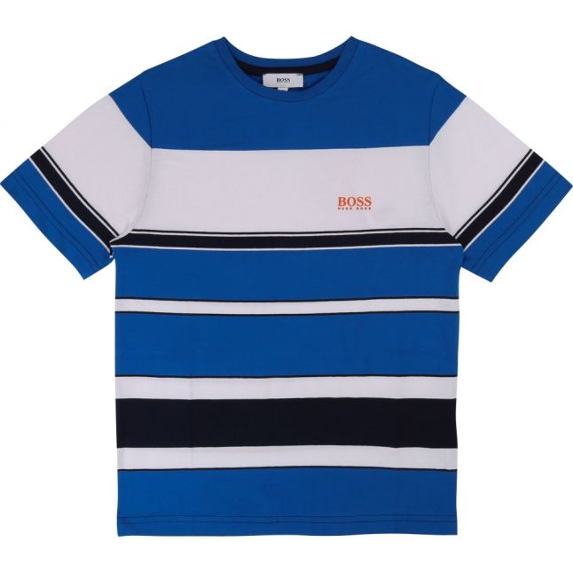 Boys Blue Striped Logo S/s T Shirt