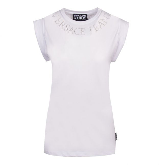 Womens White Diamante Neck Logo Fitted S/s T Shirt