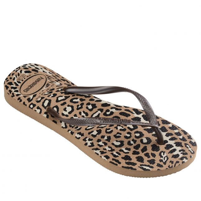 Womens Rose Gold/Café Slim Animals Flip Flops