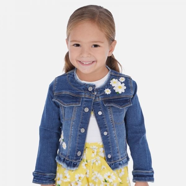 Girls Dark Blue Embroidered Daisy Denim Jacket