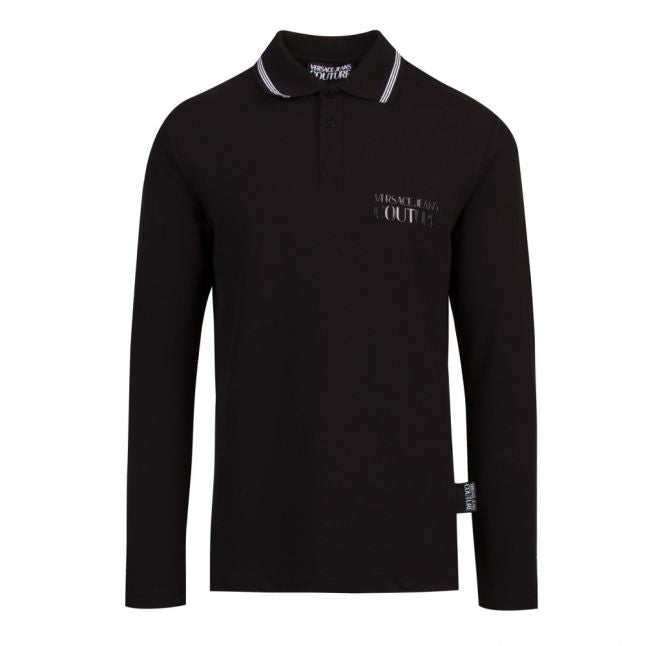 Mens Black Branded Tipped Collar L/s Polo Shirt