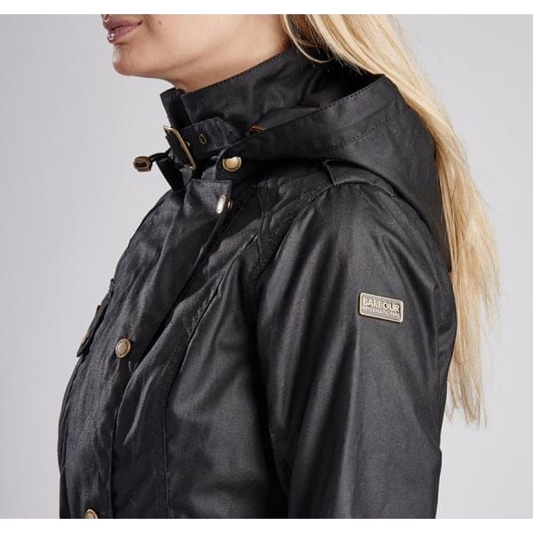 Womens Black Hairpin Hooded Waxed Jacket