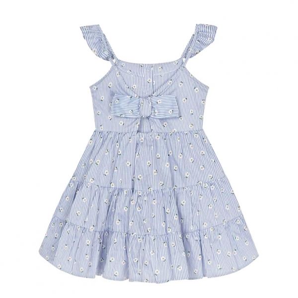 Girls Blue Daisy Stripe Cotton Dress