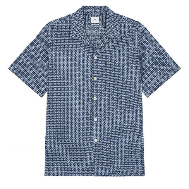 Mens Blue Tile Print Casual Fit S/s Shirt