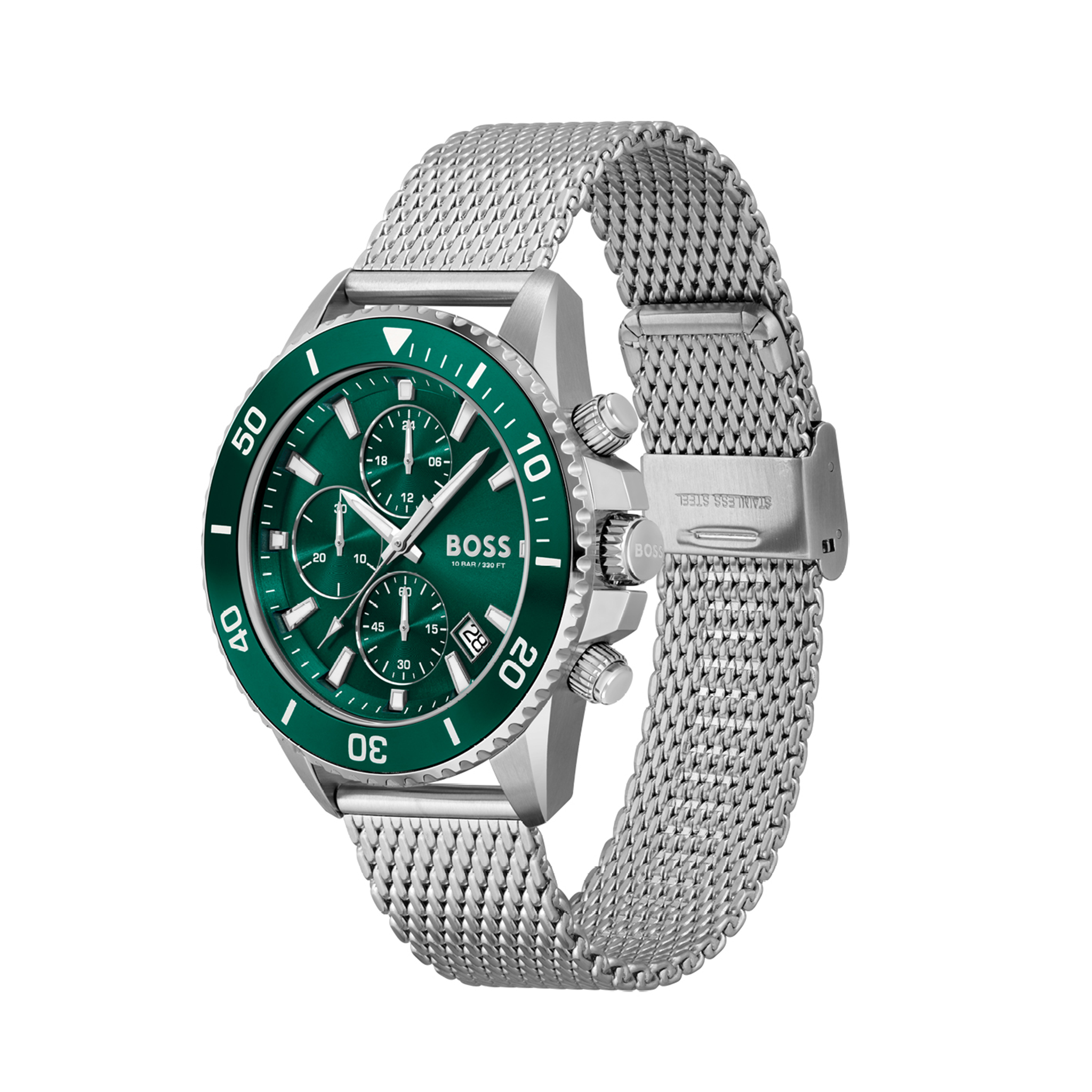 Mens BOSS Silver/Green Admiral Mesh Strap Watch