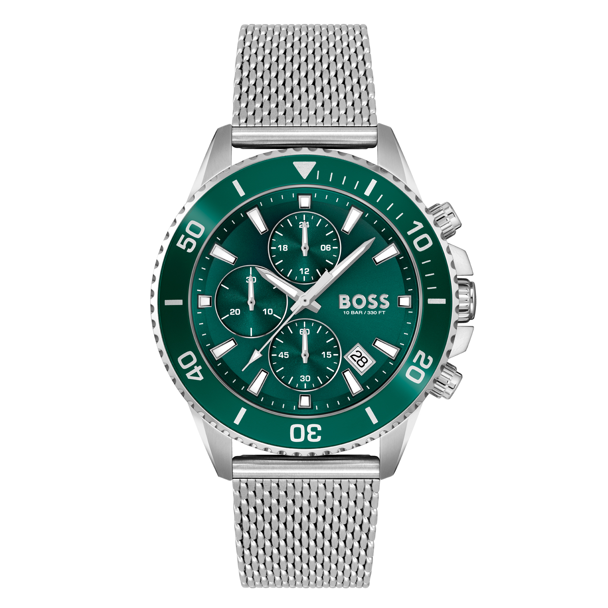 Mens BOSS Silver/Green Admiral Mesh Strap Watch